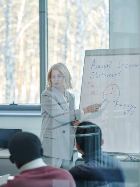 Professional presentation on annual income statement with visual aids in a modern office setting.