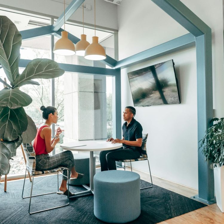 Two colleagues in a modern office space having a discussion with indoor plants and stylish decor.